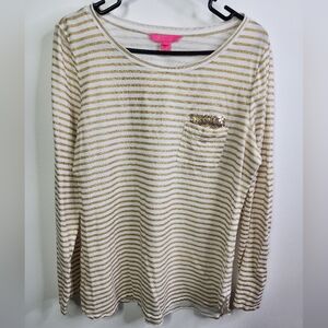 Louella Gold Metallic Glitter Shimmer Long Sleeve Top, Large